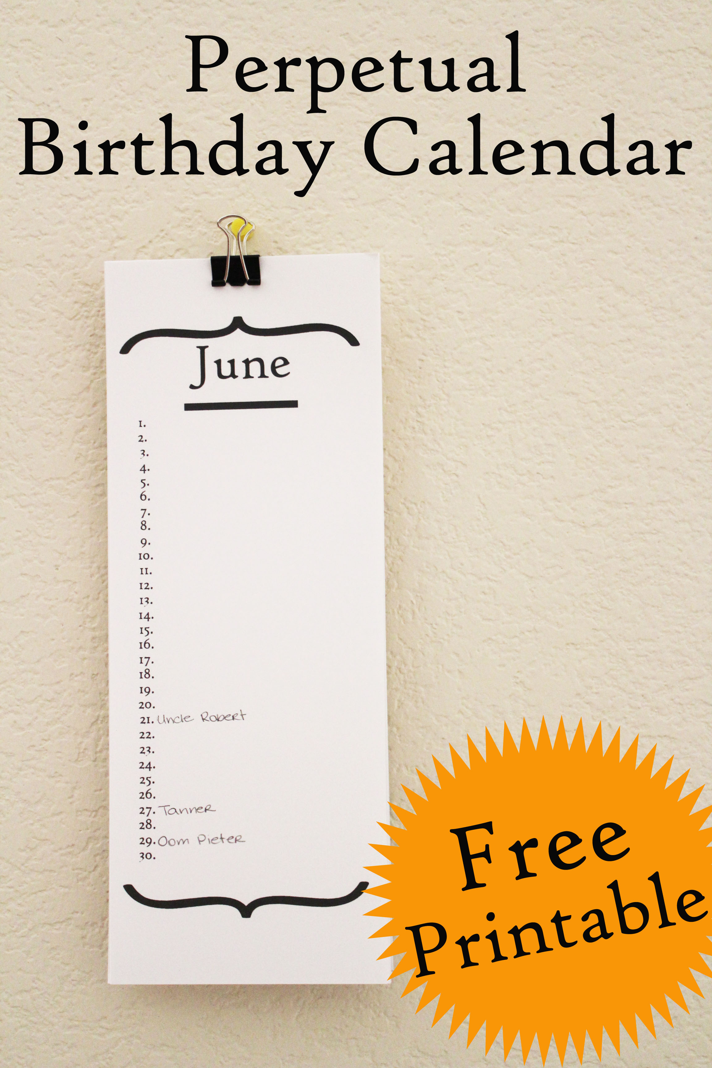 Perpetual Birthday Calendar Free Printable