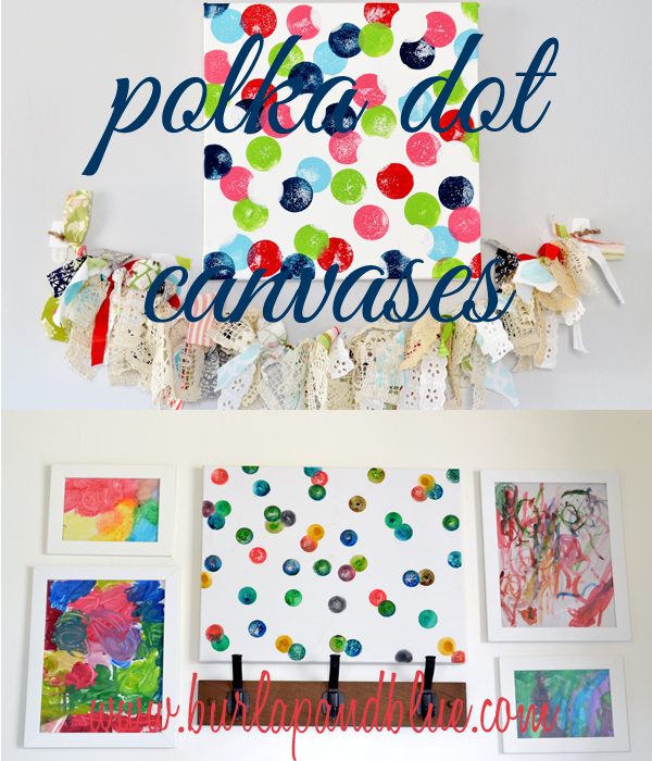 polka dot canvases - burlap and blue