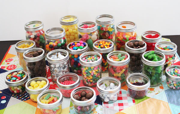 candy in different sized mason jars makes a great party display
