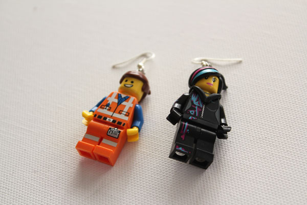 finished emmet and wyldstyle earrings