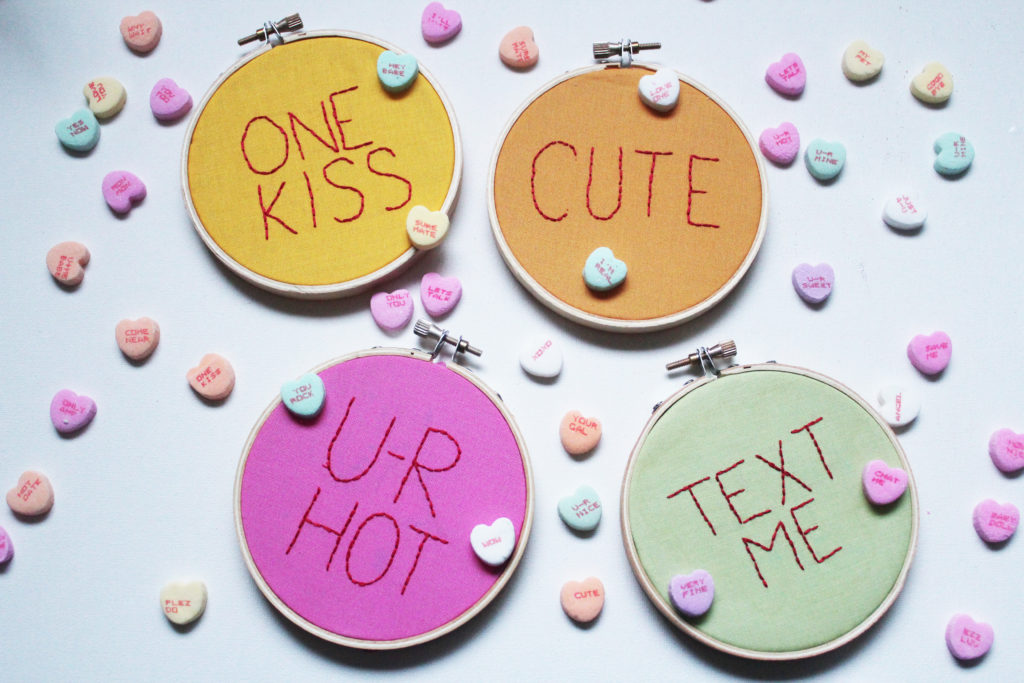 Make your own Conversation Heart Hoop Art