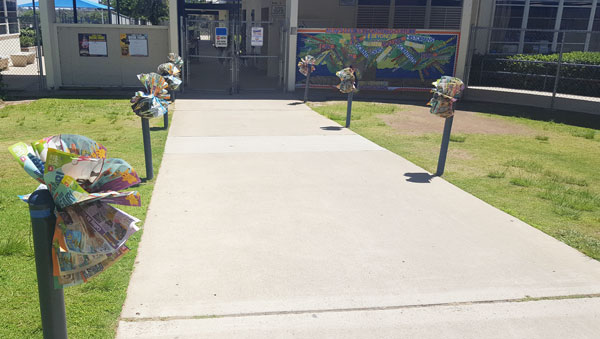 poufs in front of school