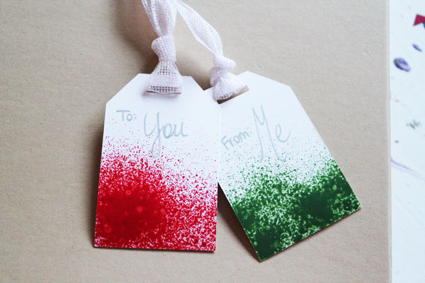 finished DIY Gift Tags - Paint Sprayed Gift Tags